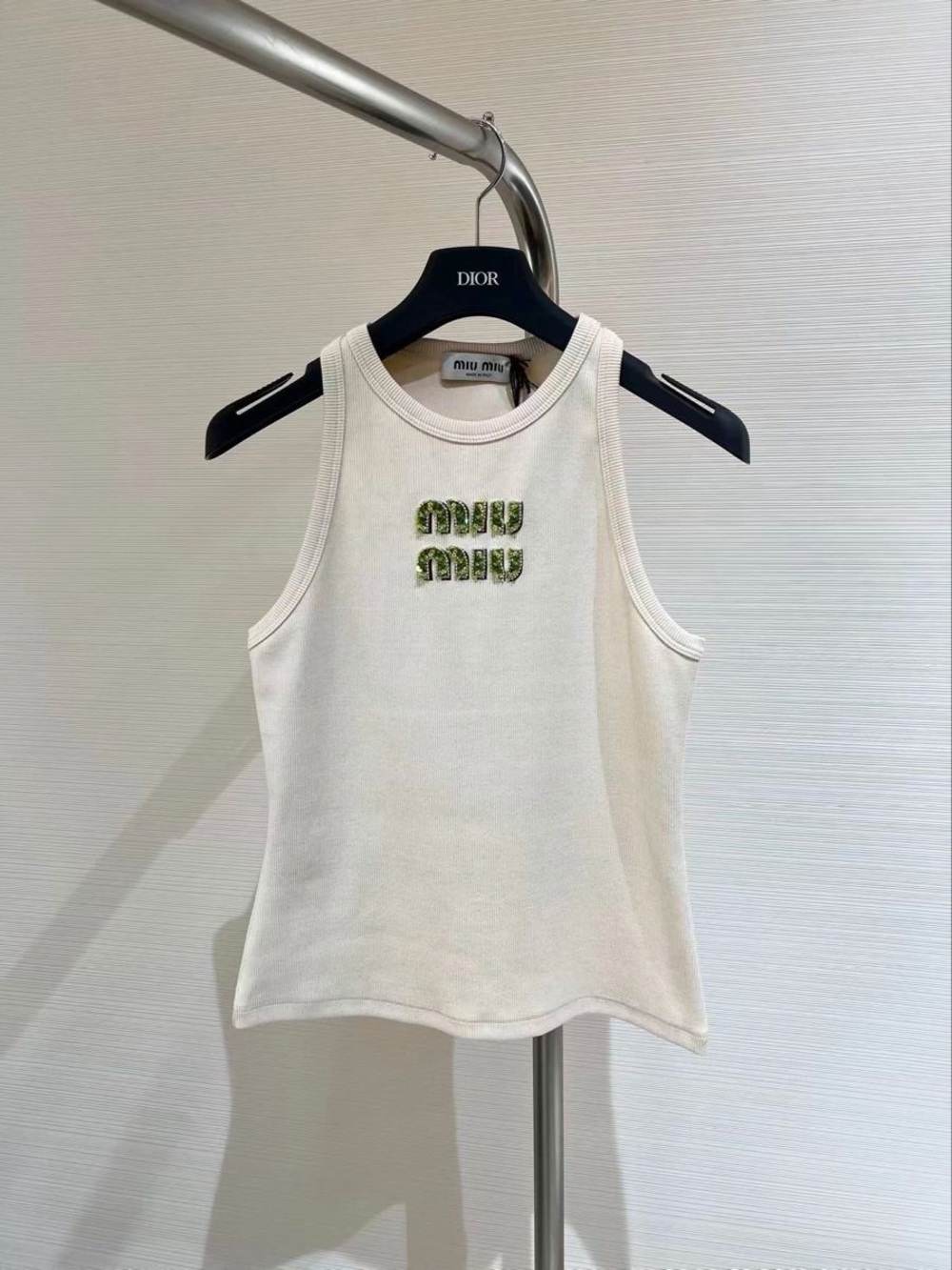 Miu Miu Costina Logo Embroidered Tank Top Beaded Embellished Green